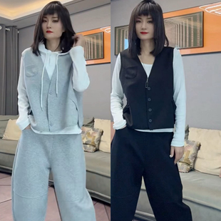 休闲风马甲卫衣帽衫小脚裤时尚套装春季新款洋气高级灰色网红女装