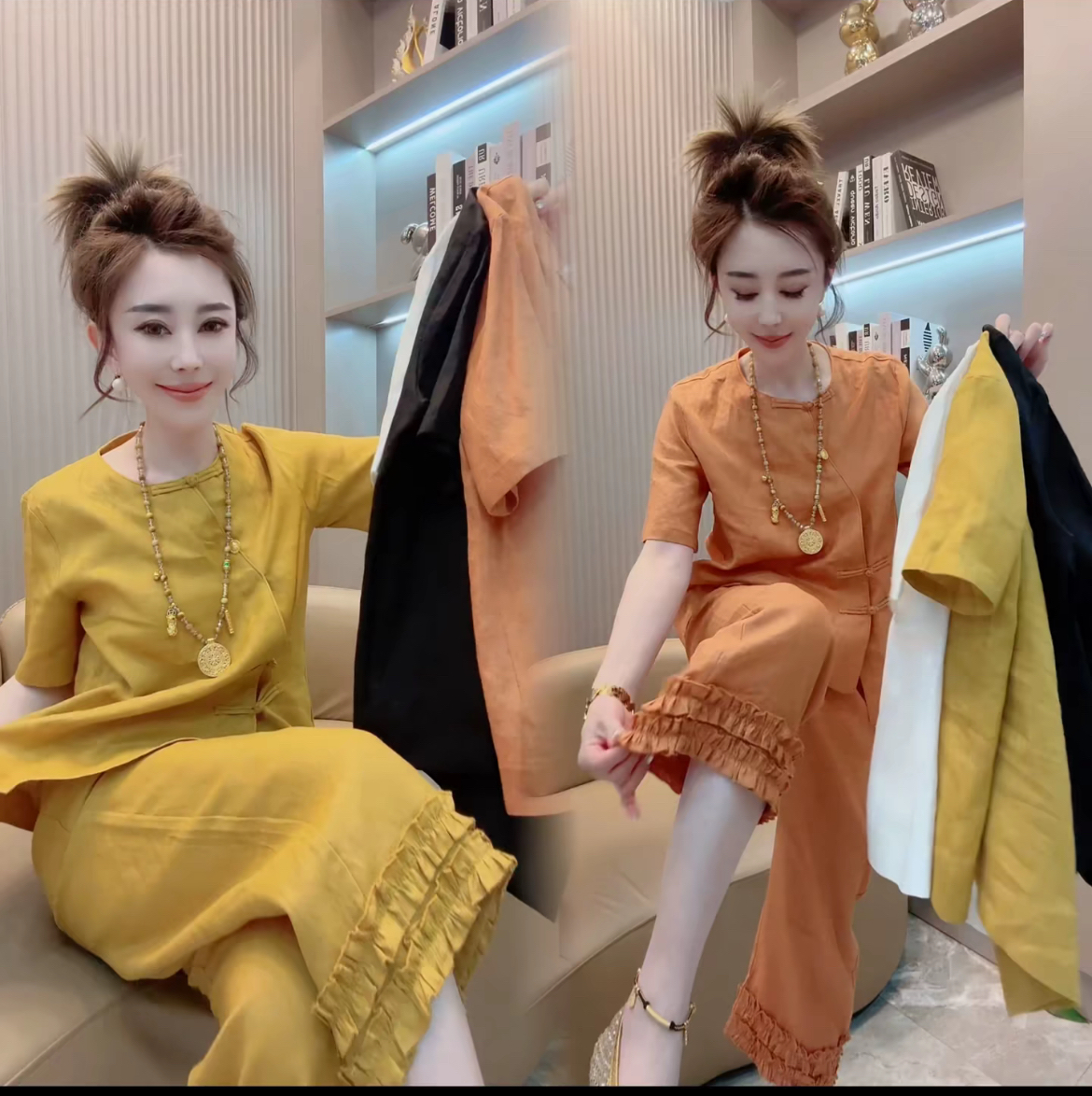 超好看时髦设计感国风套装2025夏季新款女休闲洋气上衣+九分裤子