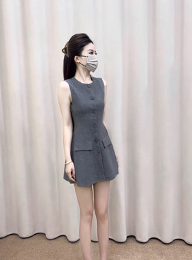 简约单排扣砍袖裙女2026年夏季新款小巧纯色拼接高腰A字裙精致潮