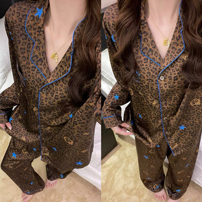 豹纹长袖KT猫长袖长裤睡衣女秋季可爱冰丝薄款春秋季家居服套装潮