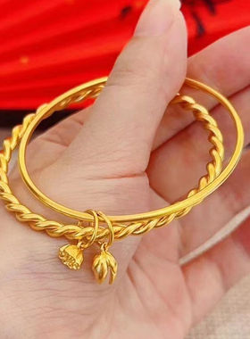 黄金双环麻花镯子素圈镯古法经典金包银手镯送老婆妈妈饰品
