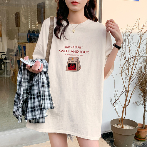 Real shooting and real price 2022 new short sleeved T-shirt women's medium and long summer design sense of minority printed half sleeved top