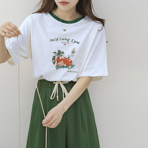 Contrast color round neck short sleeve T-shirt women's summer cotton loose thin design sense of minority unique chic top