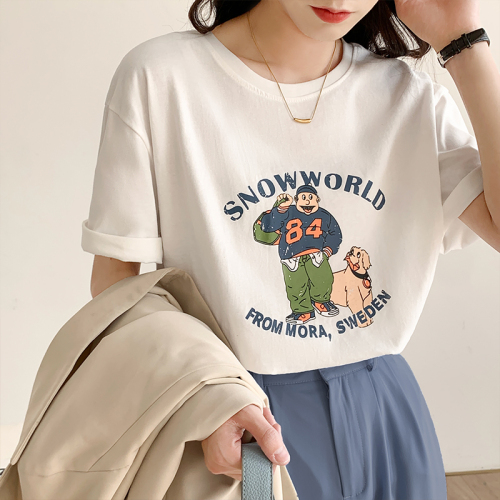 Real price gray short sleeved top women's spring and summer 2022 new cartoon printed pure cotton T-shirt bottoming trend