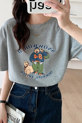 Real price gray short sleeved top women's spring and summer 2022 new cartoon printed pure cotton T-shirt bottoming trend