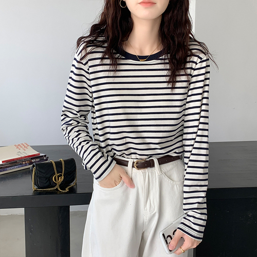 Actual price: 2022 spring and autumn new striped long sleeved women's T-shirt loose and versatile pure cotton foreign style inner jacket