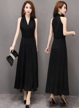 黑色雪纺连衣裙女夏修身显瘦长款裙子性感挂脖海边度假沙滩裙长裙