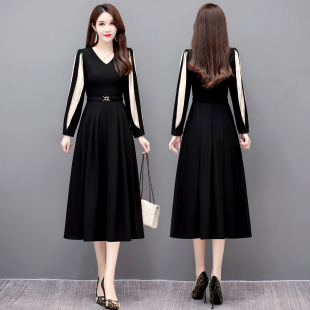 内搭配大衣长裙赫本风黑色裙子女秋 灯笼袖 秋季 高级感连衣裙女长袖