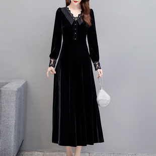 金丝绒长款 连衣裙高端名媛晚礼服平时可穿蕾丝裙子女秋冬黑色长裙