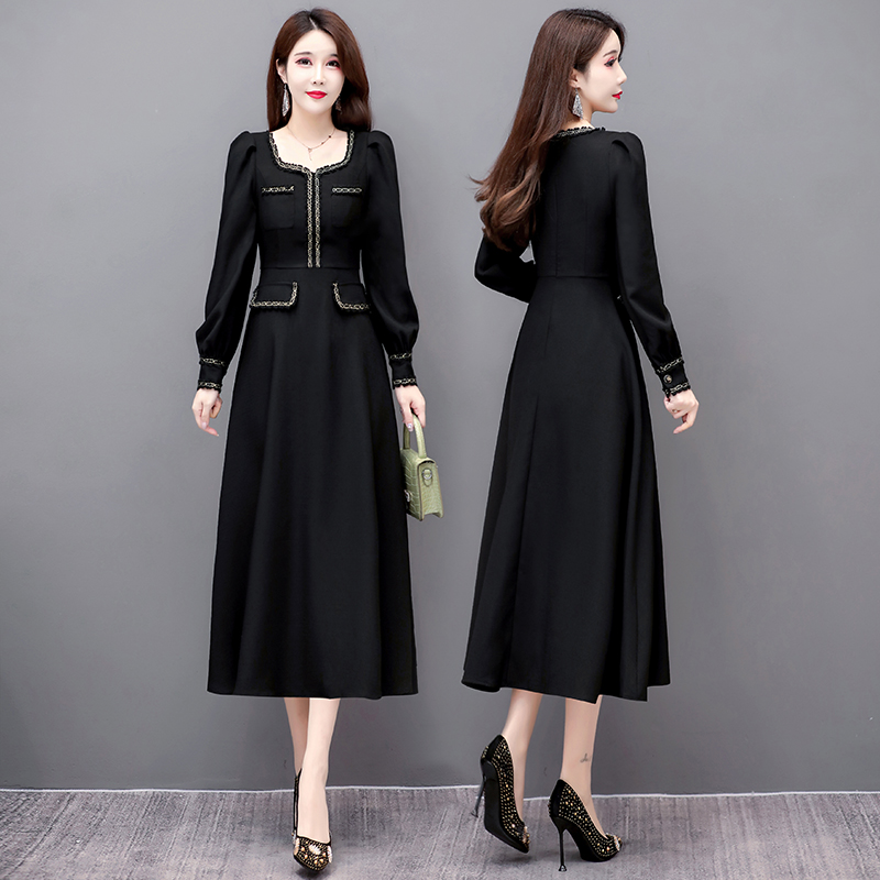 黑色连衣裙方领打底裙小香风长裙