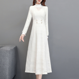 2025年新款白色连衣裙女冬长袖收腰显瘦名媛年会长款裙子长裙秋冬