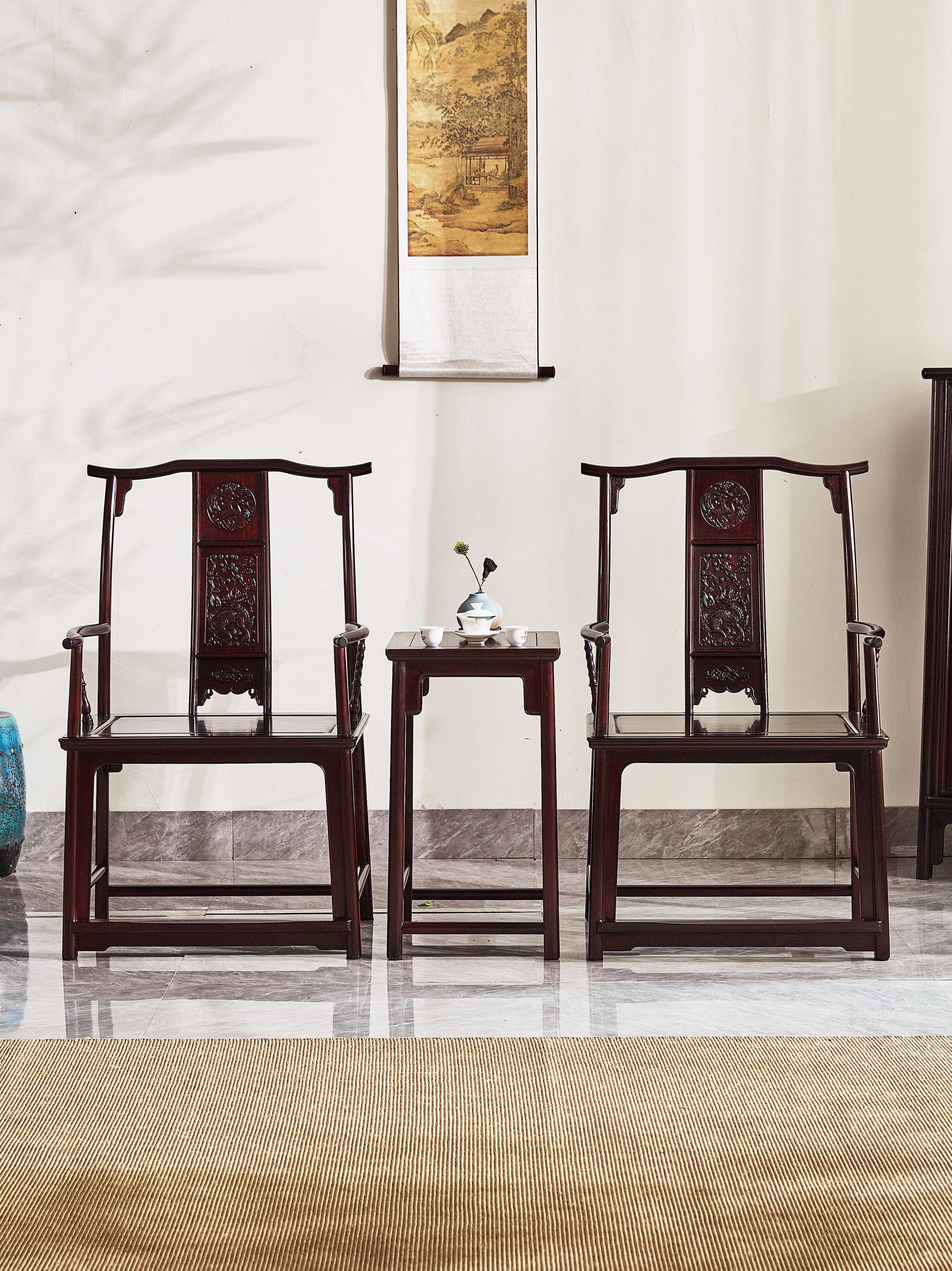 赞比亚紫檀麒麟引凤四出头官帽椅三件套客厅仙作红木古典家具血檀