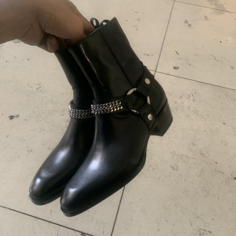 thumbnail for Chelsea boots men's spring and summer Europe and the United States new personality fashion ring buckle head layer cowhide side zipper breathable Martin boots trendy