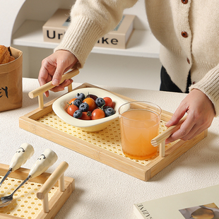 木制食品托盘长方形中古风摆拍餐桌收纳盘家用藤编果盘双耳手提篮