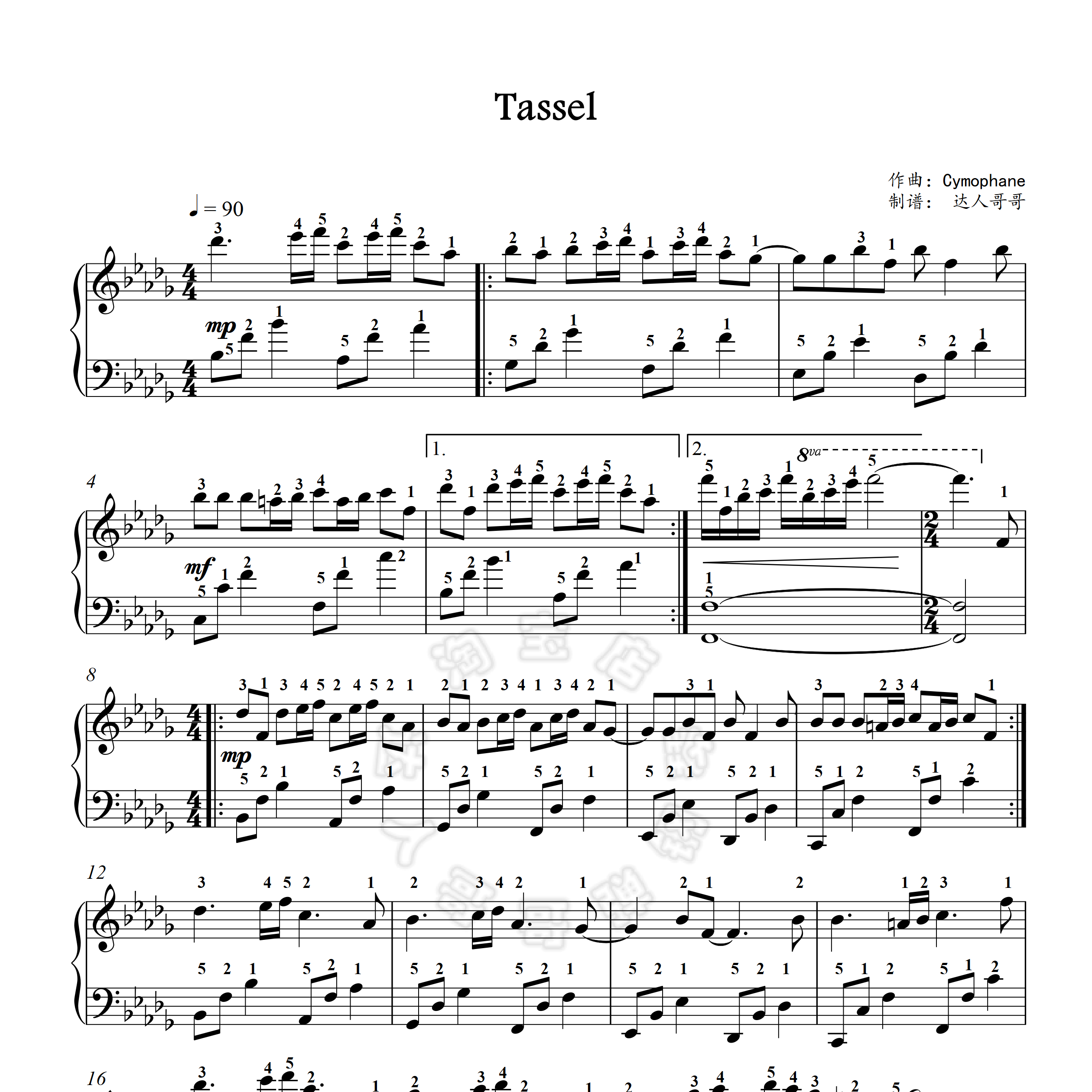 tassel钢琴谱 带指法 有完整视频 超清原版 cymophane 独奏表演