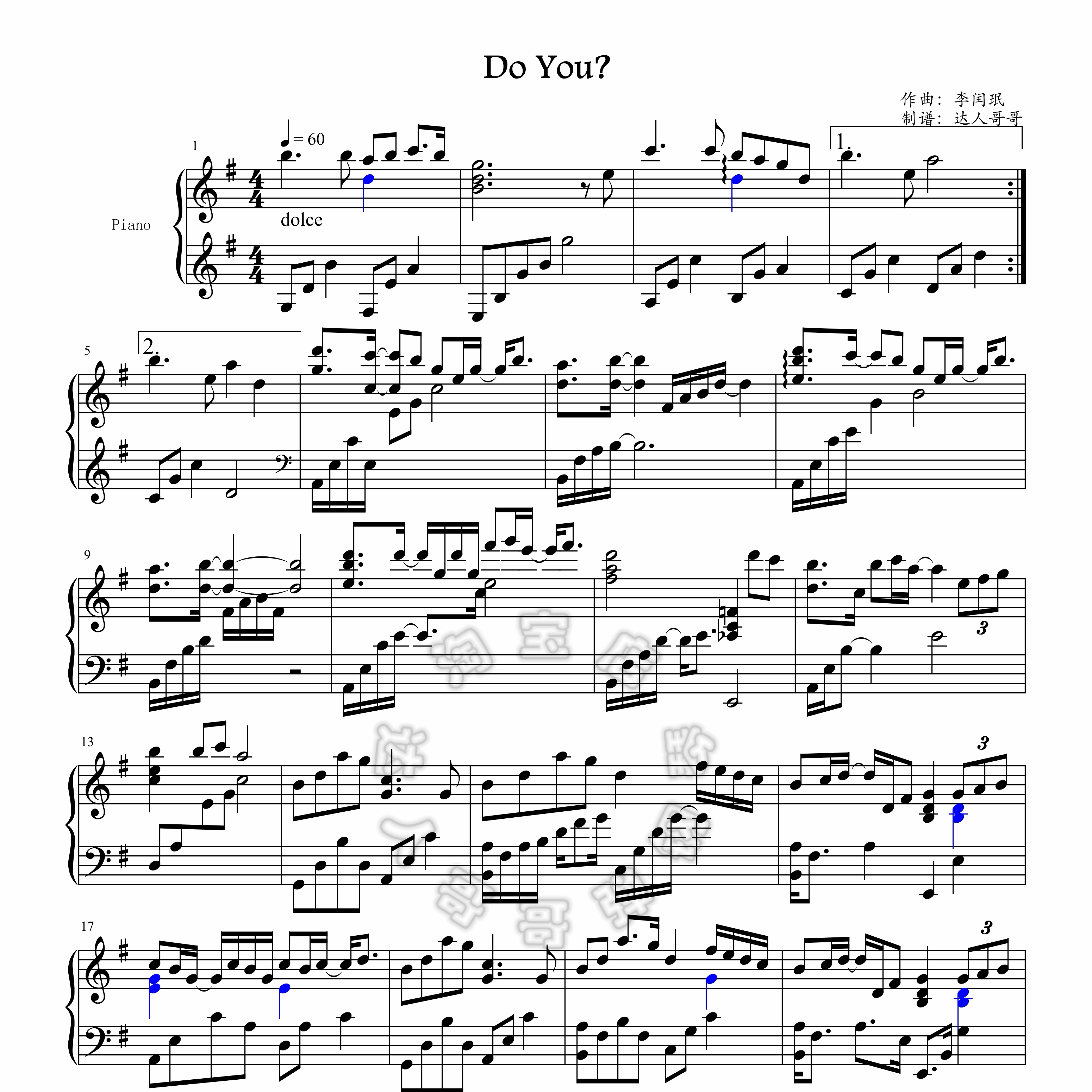do you钢琴谱 2页免翻 超清原版 李闰珉