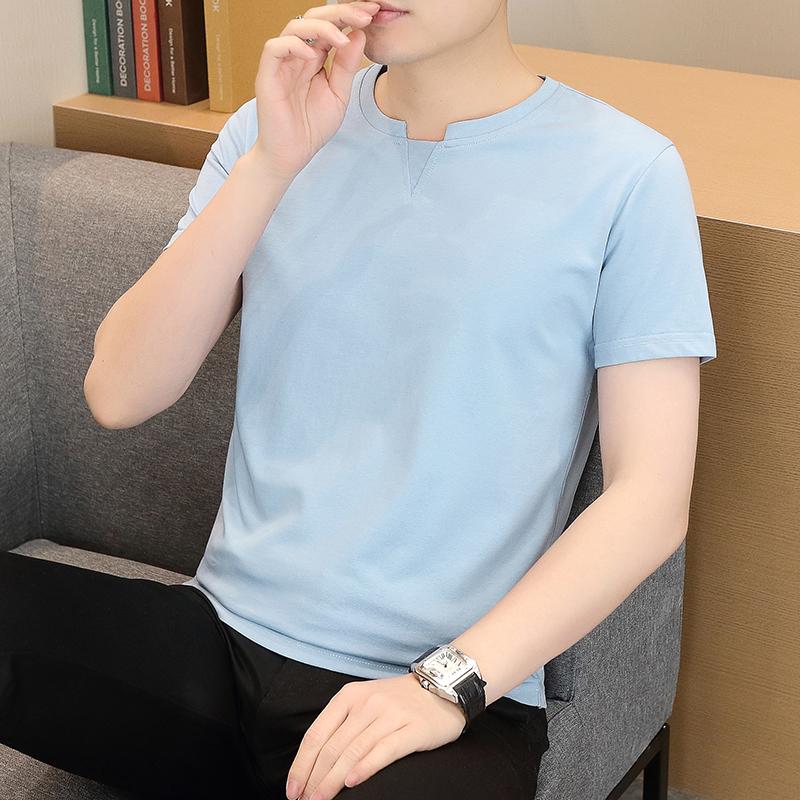 夏季短袖t恤男纯棉修身百搭半袖青年冰感休闲体恤衫大码短衫V领