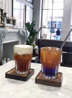 ins网红条纹玻璃杯咖啡厅泡茶牛奶杯奶昔杯苏打水饮料杯果汁杯