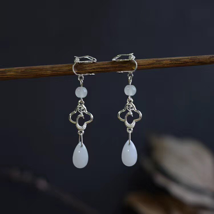 소녀를 위한 HANFU 중국 스타일의 귀걸이 고대 의상 귀고리 요정 액세서리 고대 스타일의 신선한 귀 클립 유리 물방울 술 귀걸이