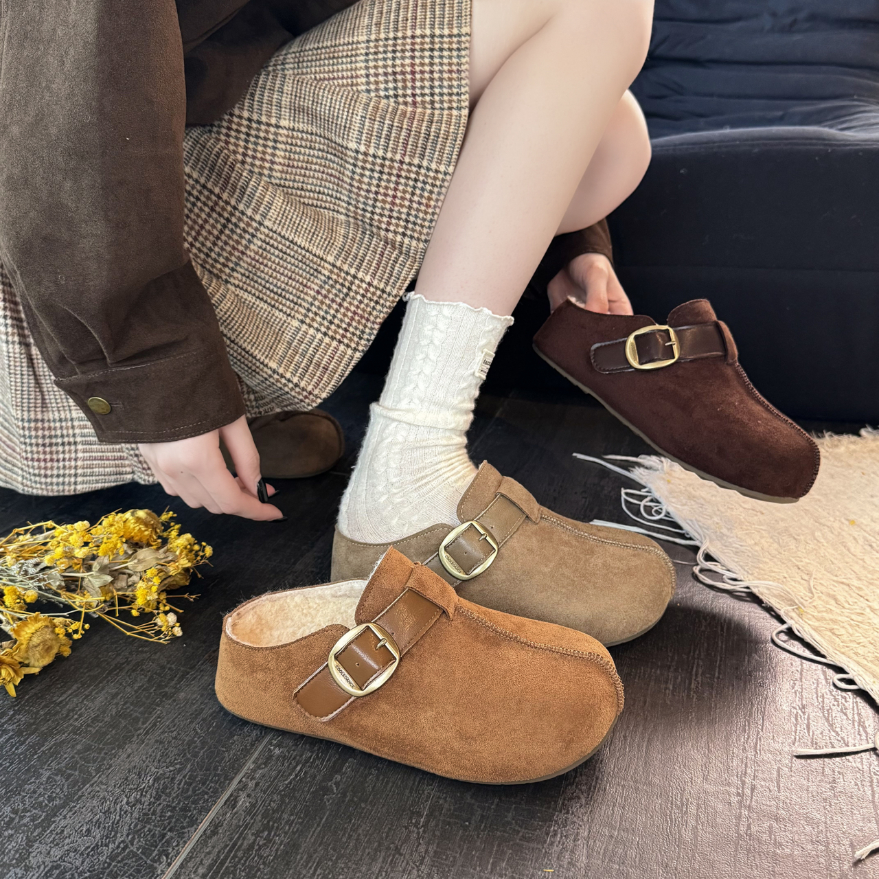 软底内增高懒人勃肯鞋加绒包头半拖鞋女外穿2025新款秋冬厚底棉拖