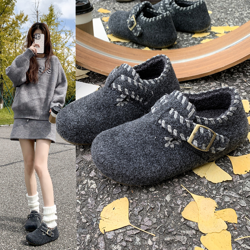 厚底灰色加绒全包勃肯鞋毛毛鞋女2025新款冬季豆豆鞋雪地靴二棉鞋