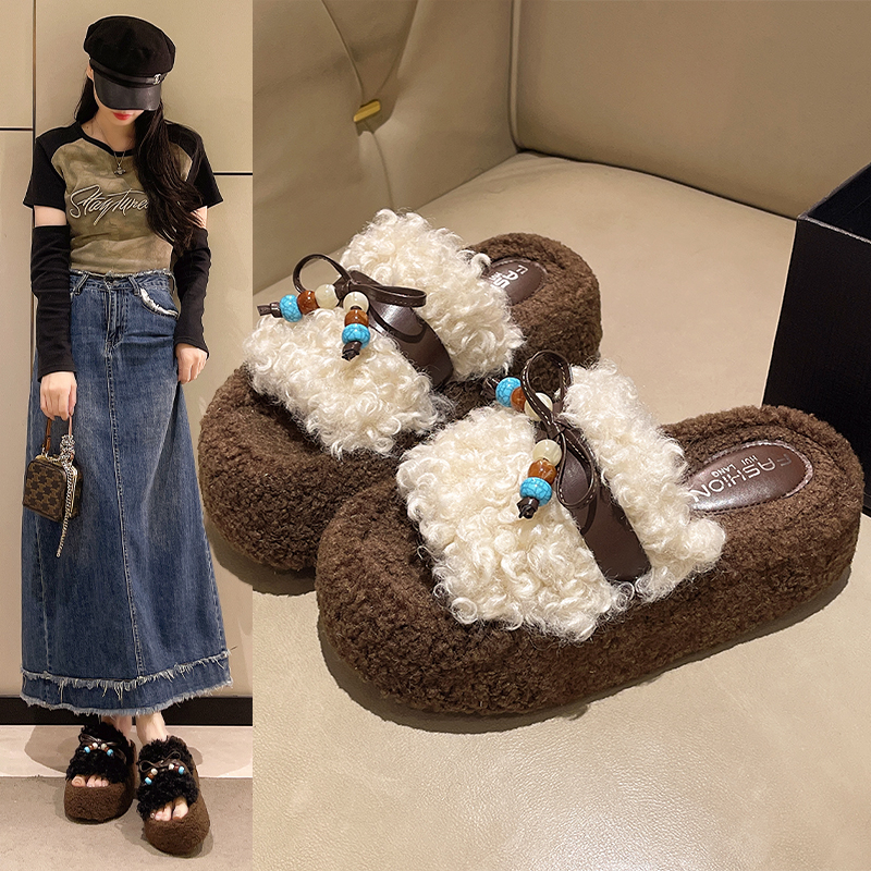厚底增高5CM小个子毛毛拖鞋女秋冬季外穿2025新款保暖一字棉拖鞋