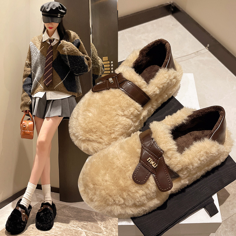 厚底百搭法式羊羔毛毛鞋女外穿2024冬季新款一脚蹬豆豆鞋加绒棉鞋,女鞋,棉鞋,淘宝优惠券,粉丝福利购,淘宝优惠卷
