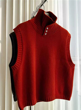 法式复古灰色高领针织无袖马甲女春秋季叠穿坎肩毛衣背心短款上衣