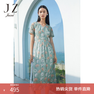 JZ玖姿官方奥莱优雅印花连衣裙女夏款 气质桃心领收腰网纱裙