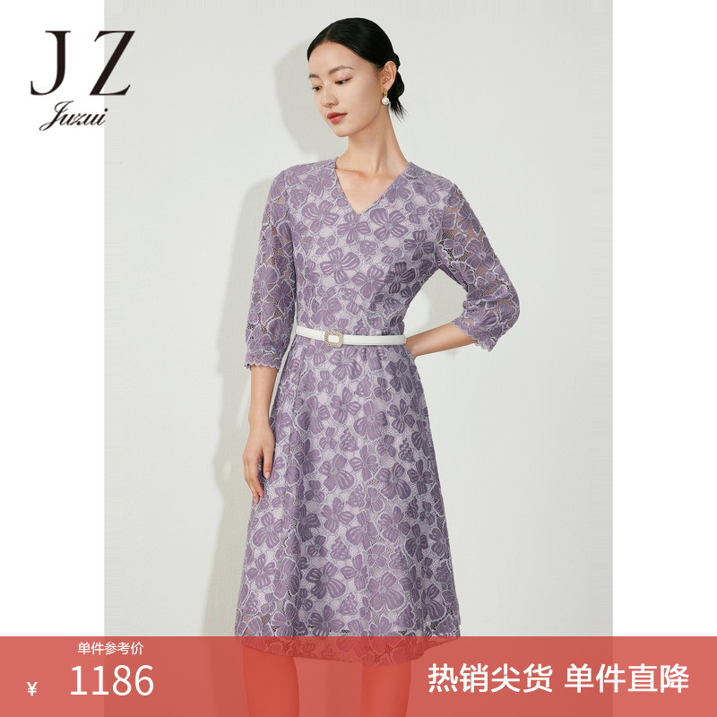 JZ玖姿优雅镂空蕾丝连衣裙女装春季新款显瘦裙子紫色