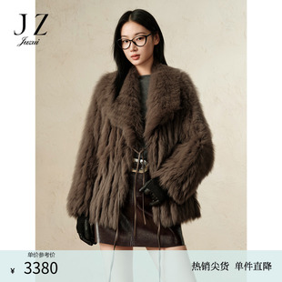 款 玖姿安娜蔻雅丹风大翻领落肩狐狸毛系带皮草外套女冬季