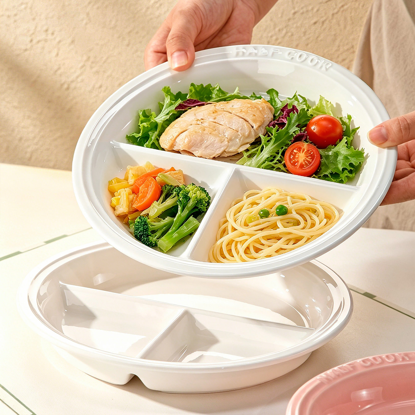 10英寸加大分隔式餐盘陶瓷圆形三格盘家用食堂餐厅分格盘加厚耐用