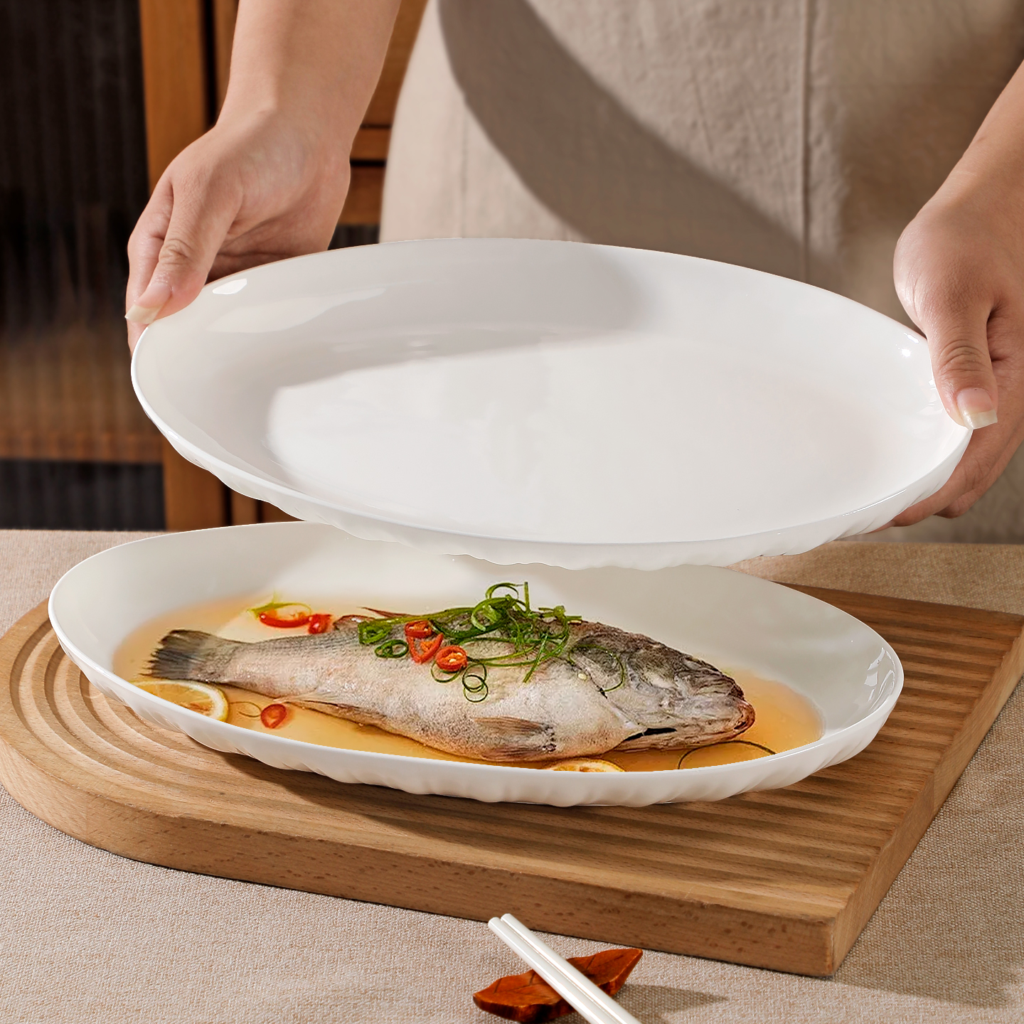 2只装椭圆形鱼盘纯白鱼盘