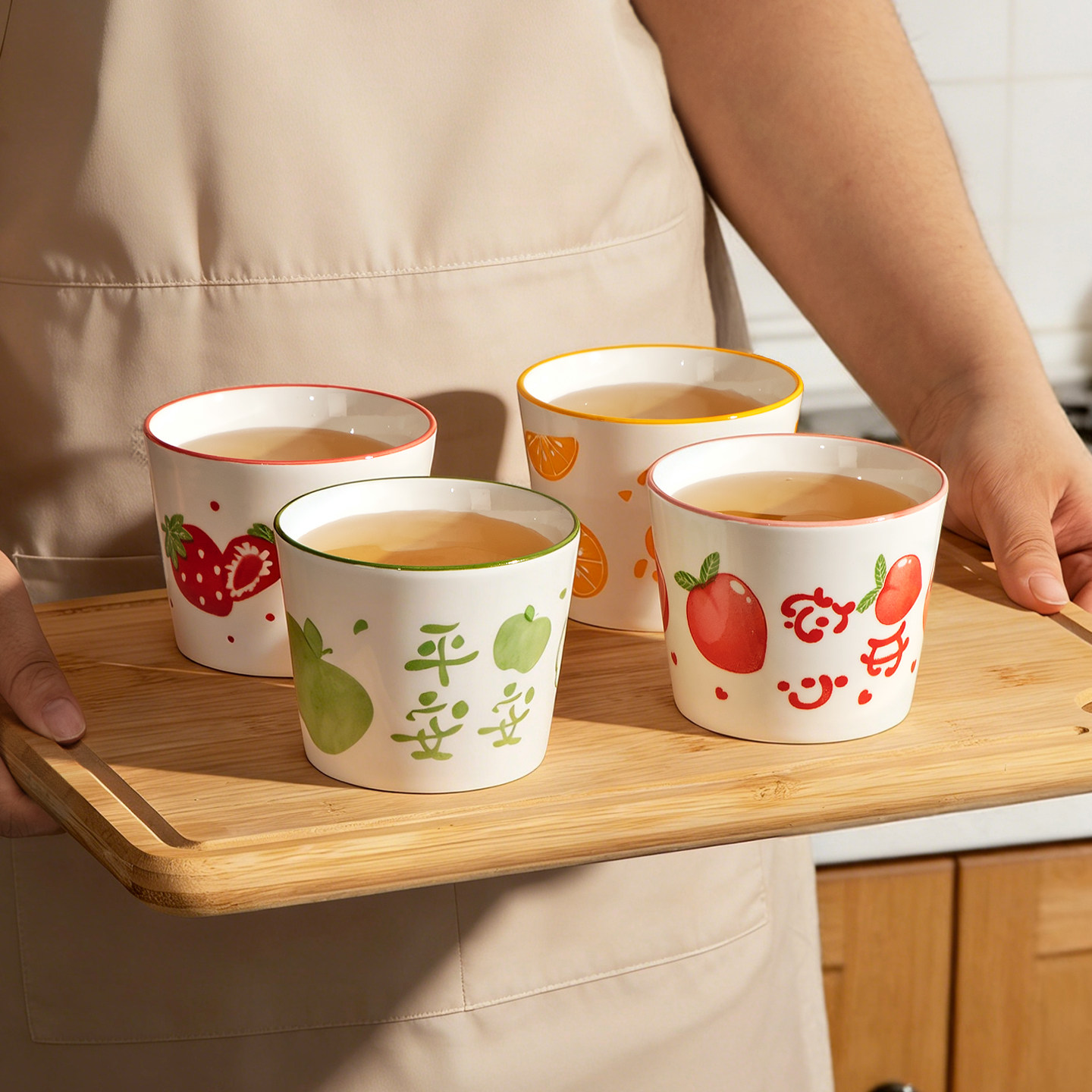 9.9元4个猪口杯陶瓷马克杯水果图案牛奶咖啡杯家用创意喝杯子茶杯