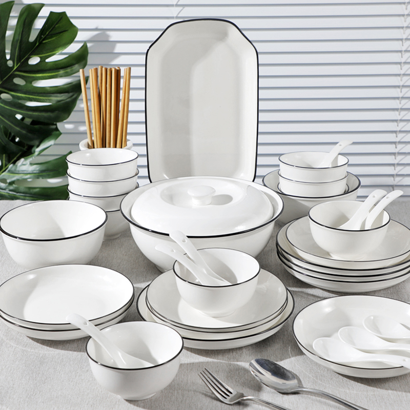 经典黑边线45件套装釉下彩碗盘