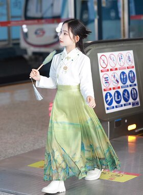 汉服女童马面裙千里江山马面裙春季新绿色超仙中国风古装高端汉服