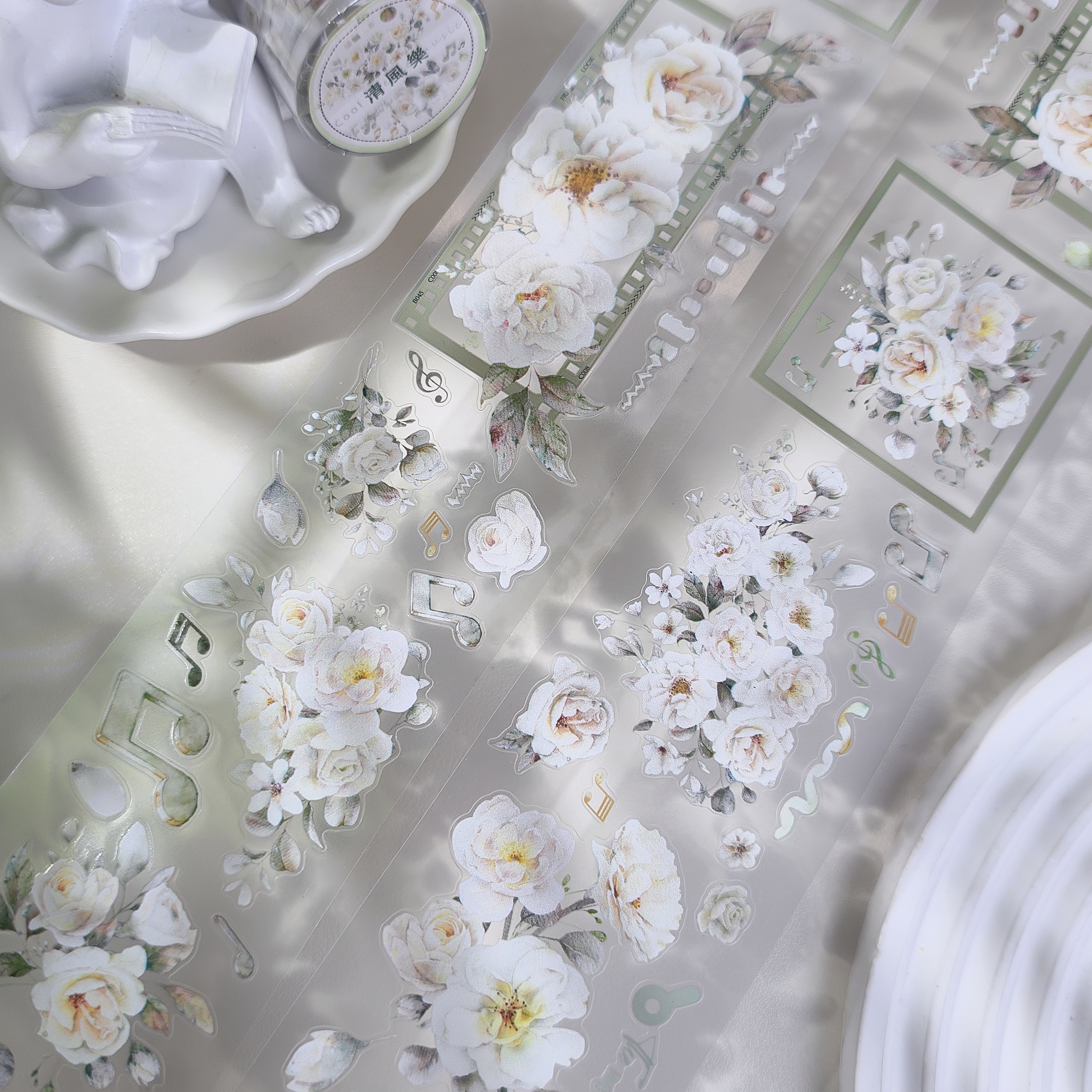 东西社文创【她夏了夏天】PET切模手帐贴纸淡雅绿花卉diy拼贴胶带