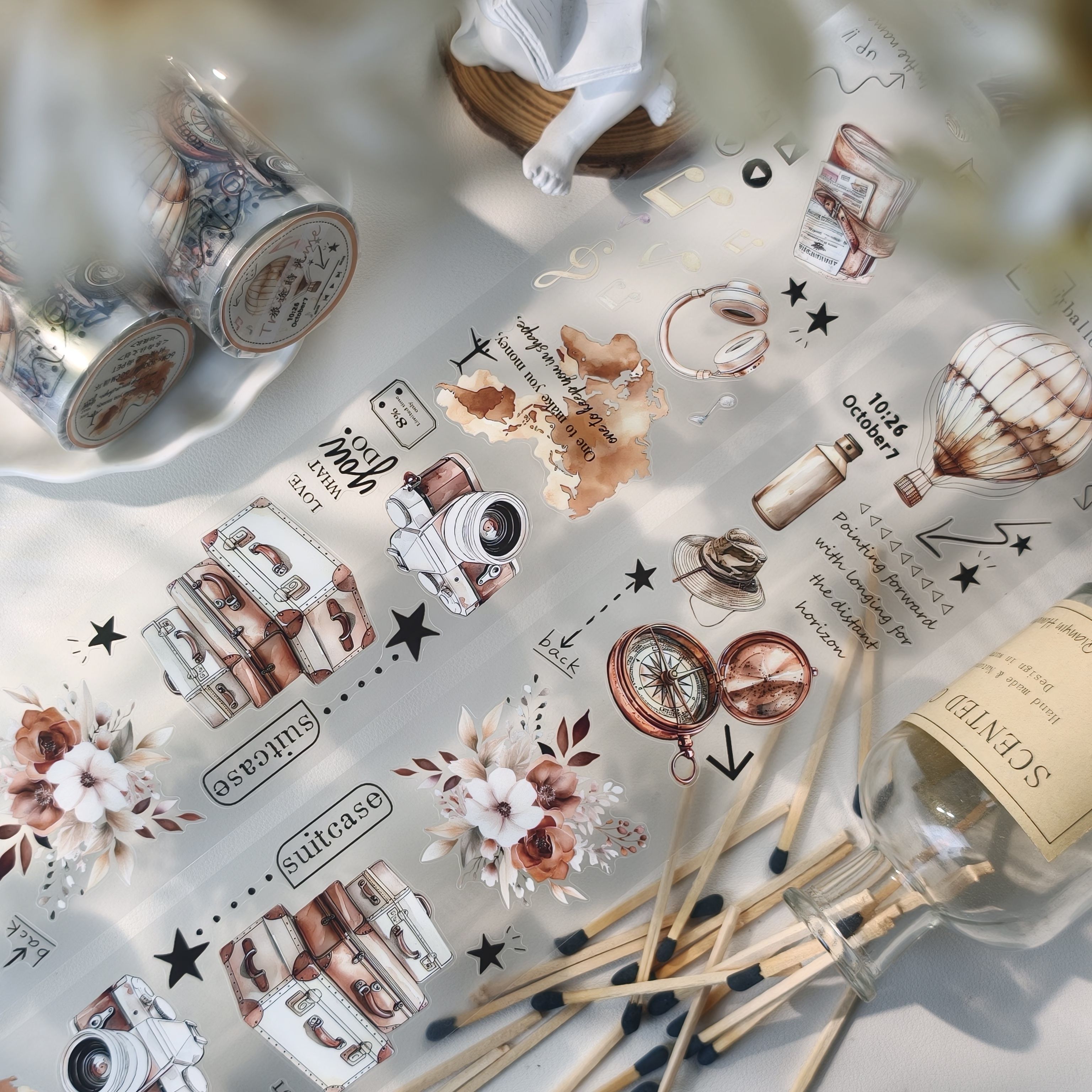 东西社文创【旅途时光】PET切模手帐贴纸胶带 古铜褐棕旅行贴纸