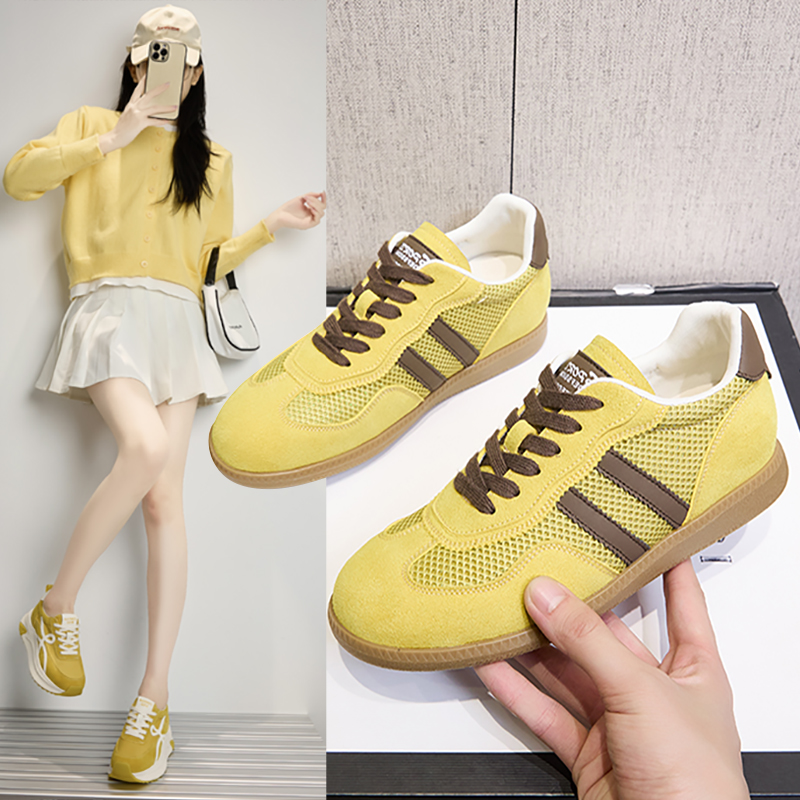 黄色鞋子女2025新款秋季爆款网面透气女鞋德训鞋32码33小码阿甘鞋