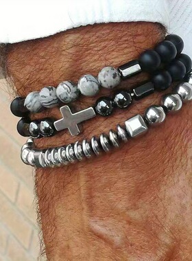 跨境亚马逊手链飞碟片十字架黑胆石复古手串地图石弹力绳手链