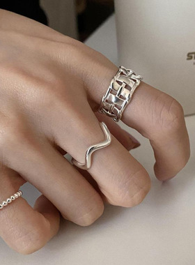 韩国925纯银轻奢小众ins风设计镂空编织开口戒指女时尚个性食指戒