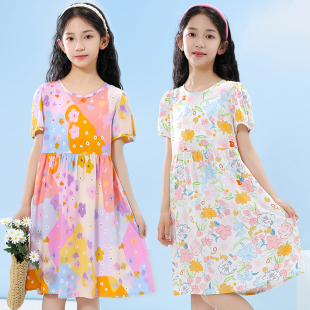 中大童居家睡裙棉绸 公主裙子女孩夏款 女童连衣裙夏季 人造棉泡泡袖