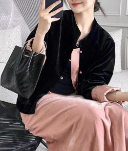 古典 新中式 撞色丝绒提花旗袍盘扣上衣 黑天鹅外套 美洋MEIYANG