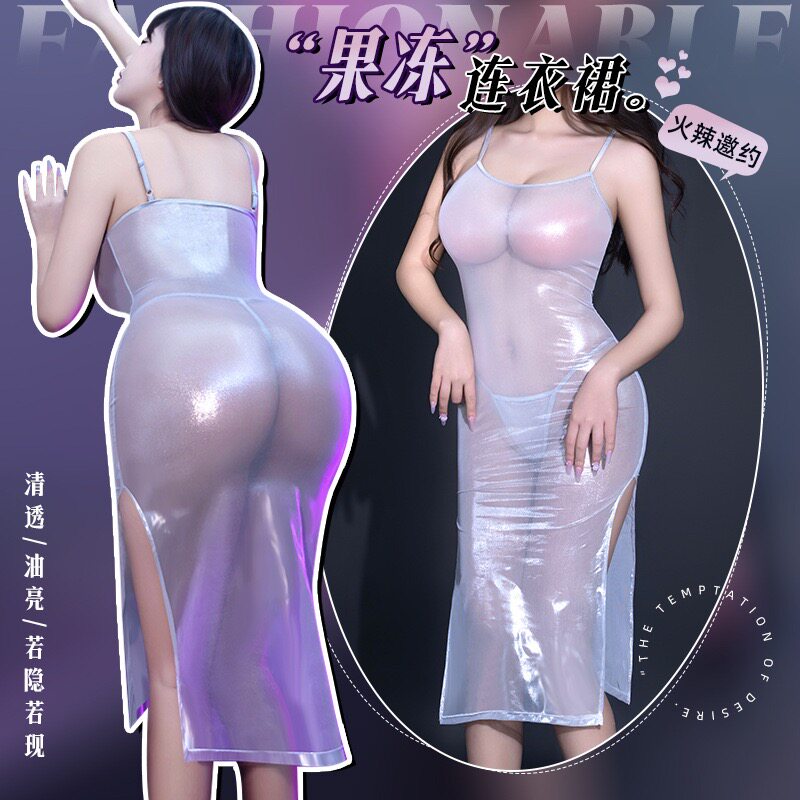 性感内衣紧身高弹外贸透视油亮吊带包臀高叉纯欲火辣甜美连衣睡裙