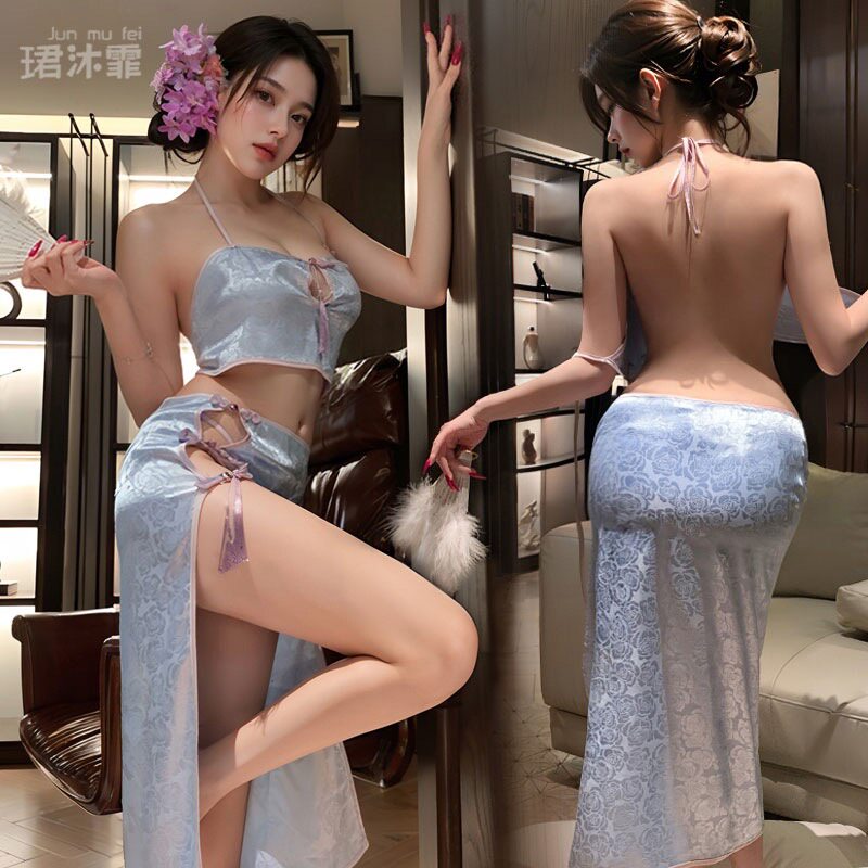 复古宫廷款古装贵妃性感内衣挂脖露背开衩包臀裙古风汉服睡衣套装