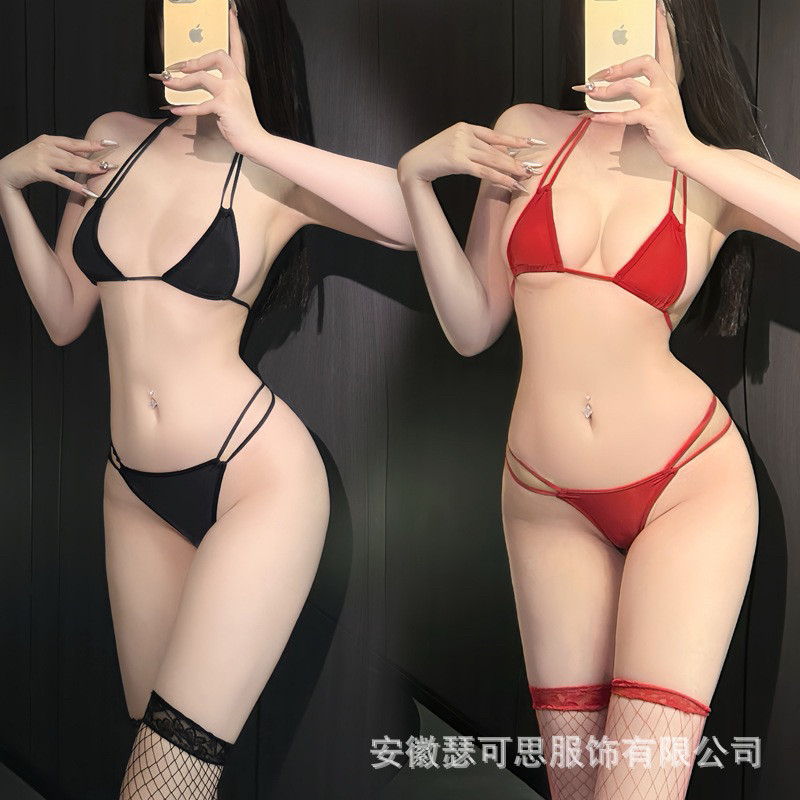 性感三点式挂脖系带泳衣女小胸聚拢文胸套装纯欲风辣妹夜店