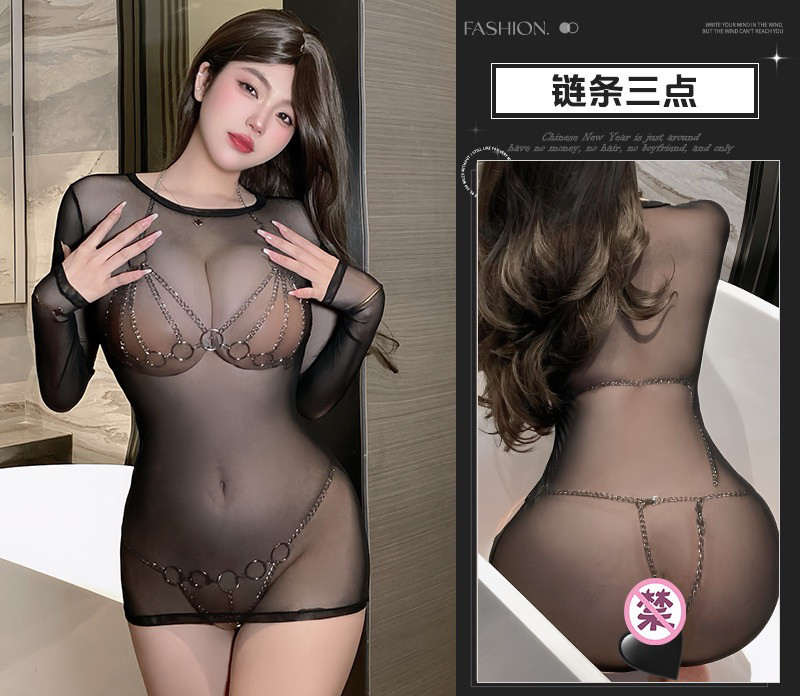 性感三点式链条比基尼束缚内衣女免脱透视连身丝袜火辣连衣裙