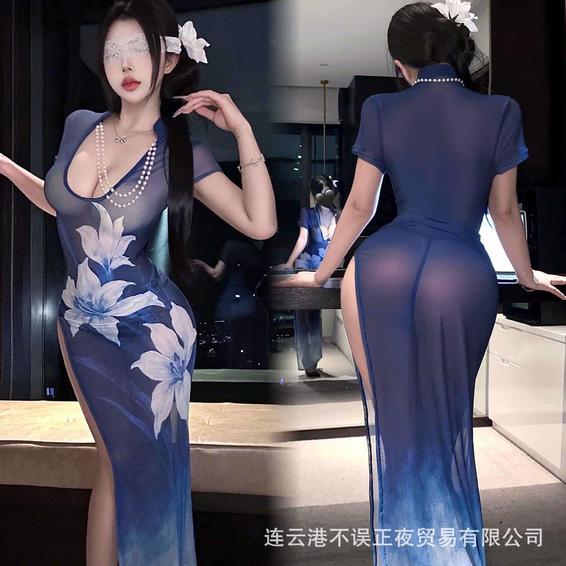 性感透视旗袍制服开档免脱连衣裙女纯欲风辣妹连衣裙睡裙