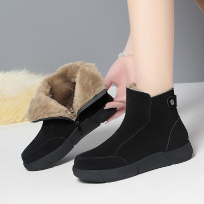 棕色短筒马丁靴女真皮雪地靴 矮跟皮毛一体羊毛棉鞋软底中年女鞋