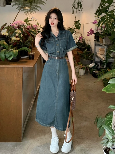 Летнее джинсовое платье, ретро приталенный корсет, длинная юбка, французский стиль